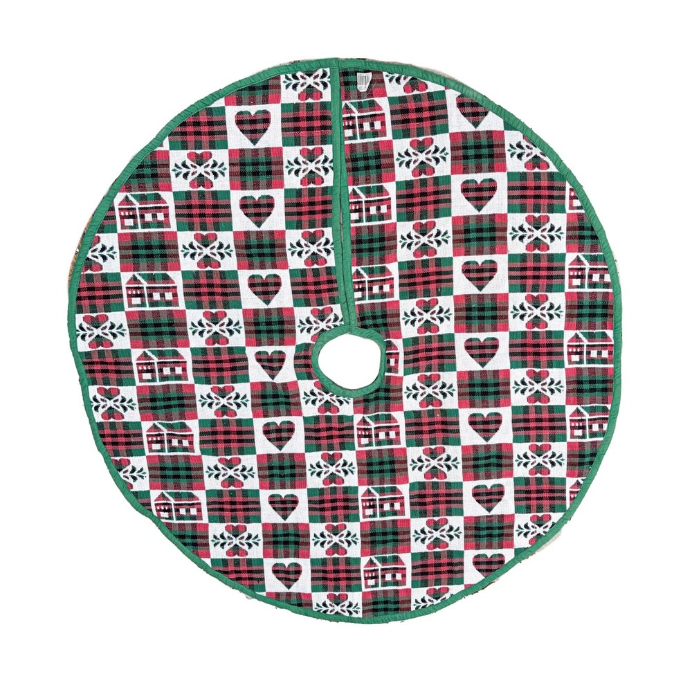 Christmas Houses & Hearts Checkered Plaid Green White Red Tree Skirt 46 inch